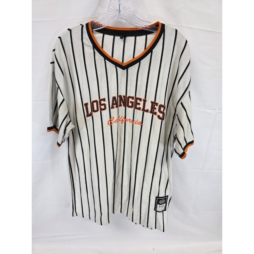 Shein Mens Los Angeles California Pinstripe Baseball Jersey Shirt White Orange M